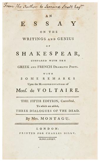 Appraisal: MONTAGU Elizabeth - An Essay on the Writings and Genius