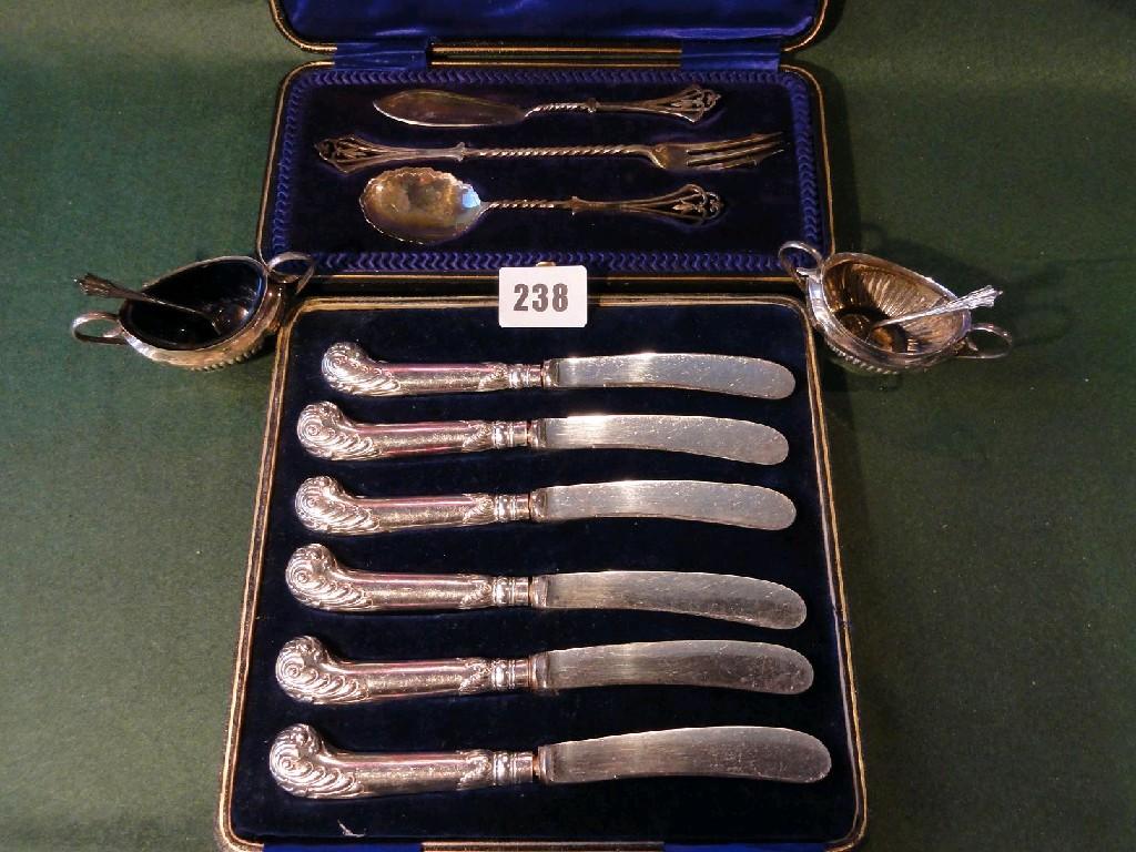 Appraisal: A cased set of six silver pistol grip handled fruit