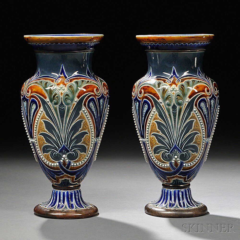 Appraisal: Pair of Doulton Lambeth Emily Stormer Decorated Stoneware Vases England