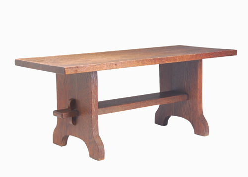 Appraisal: GUSTAV STICKLEY Small bench with trestle base its broad lower