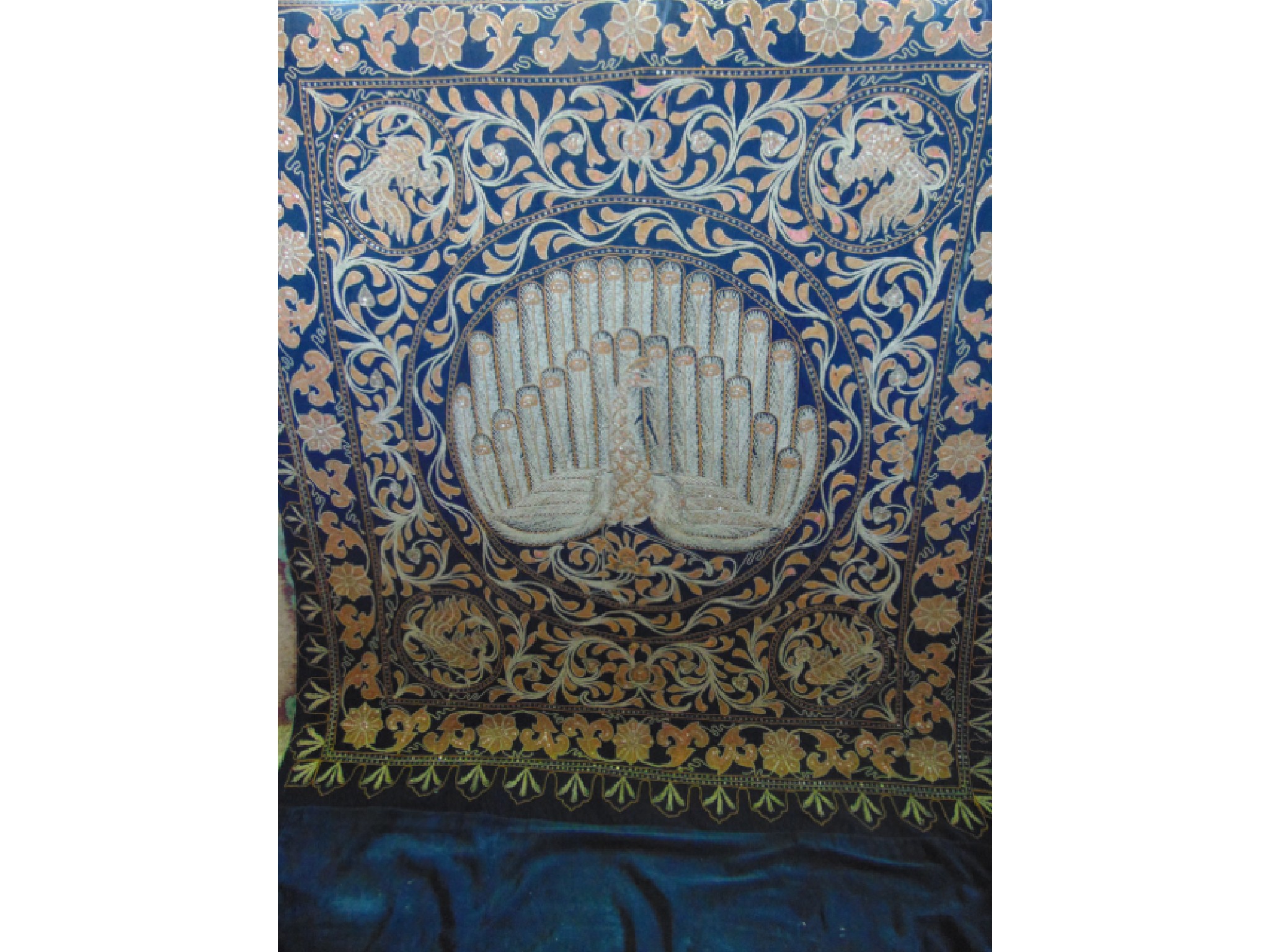 Appraisal: A bright Chinese bed throw with hand work detail with