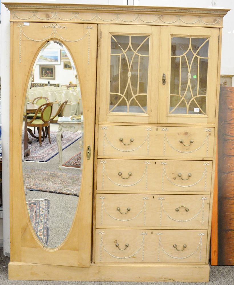 Appraisal: Large pine chifferobe having large door with oval mirror two