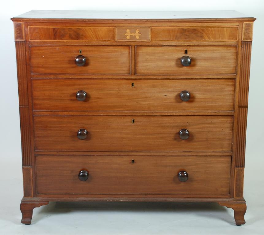 Appraisal: LATE GEORGIAN INLAID MAHOGANY CHEST OF DRAWERS the moulded oblong