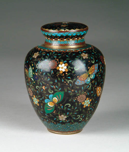 Appraisal: ANTIQUE CLOISONN COVERED ROSE JAR Black ground decorated with butterflies