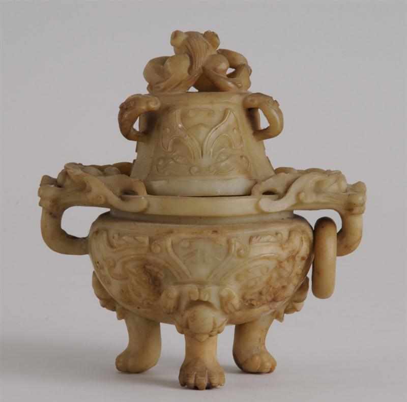 Appraisal: CHINESE CARVED SOAPSTONE CENSER The pierced domed cover with fu