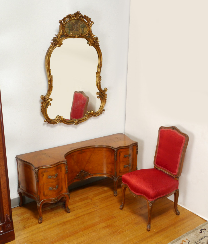 Appraisal: FRENCH STYLE VANITY WITH MIRROR AND CHAIR pieces total to