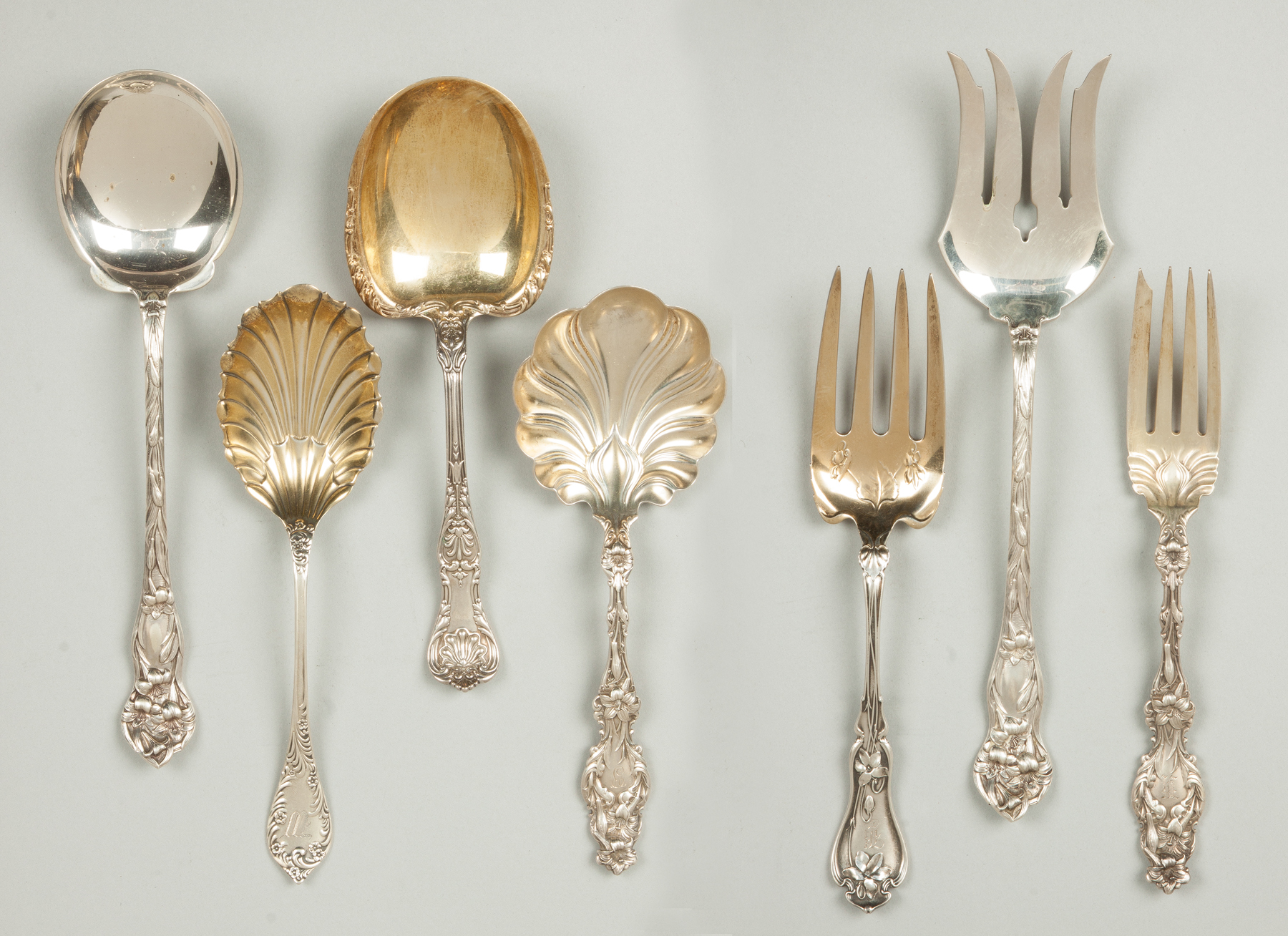 Appraisal: Seven Sterling Silver Serving Spoons Forks Spoons L to R