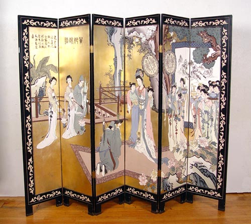 Appraisal: SIX PANEL ORIENTAL SCREEN Genre scene with gold back ground