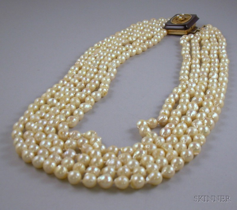 Appraisal: Multi-strand Pearl Necklace with Onyx Gold Pearl and Diamond Clasp