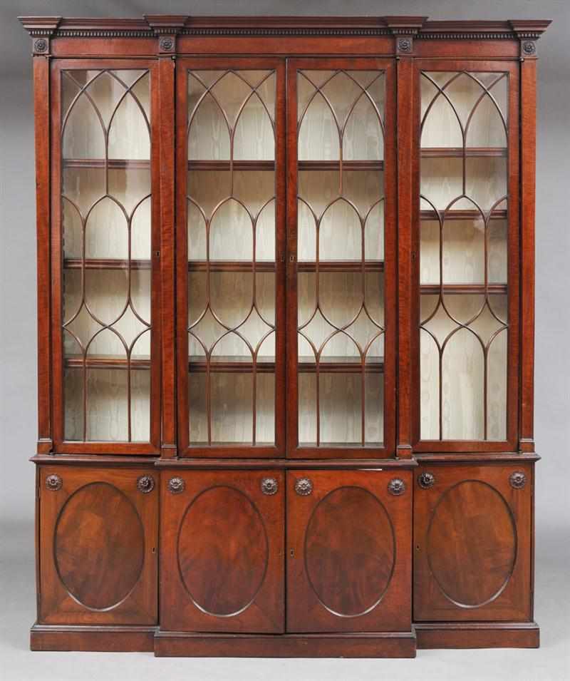 Appraisal: GEORGE III MAHOGANY BREAKFRONT BOOKCASE The molded cornice with applied