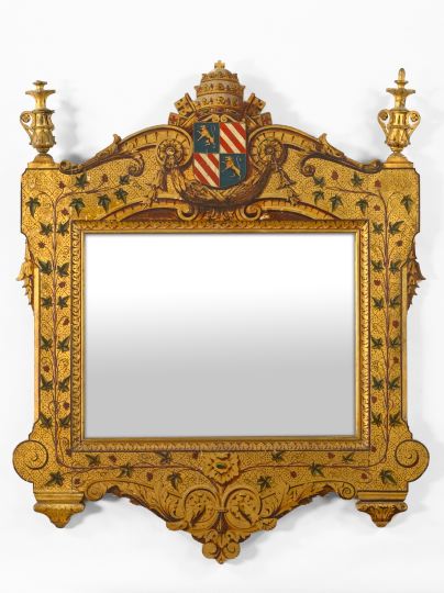 Appraisal: Large Roman Polychromed Giltwood Vatican Looking Glass the crest rail