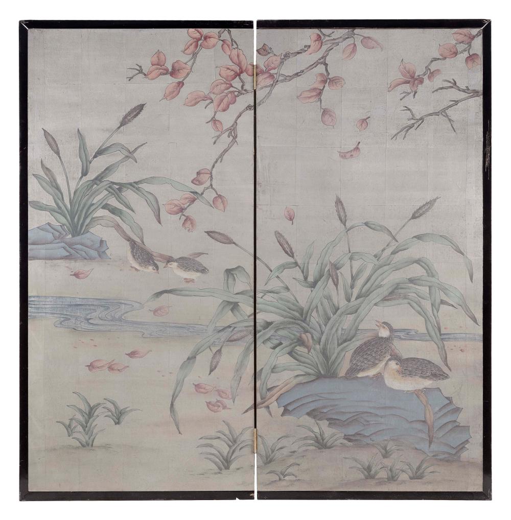 Appraisal: JAPANESE TWO-PANEL PAINTED WOOD SCREEN MEIJI PERIOD HEIGHT LENGTH JAPANESE