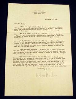 Appraisal: VINTAGE TYPED SIGNED HELEN KELLER LETTER World War II Effort