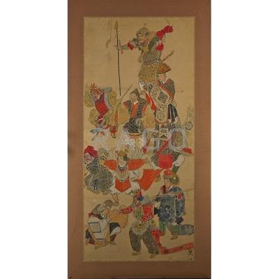 Appraisal: ASIAN SCREEN PANELS Four in silk and paper with warrior