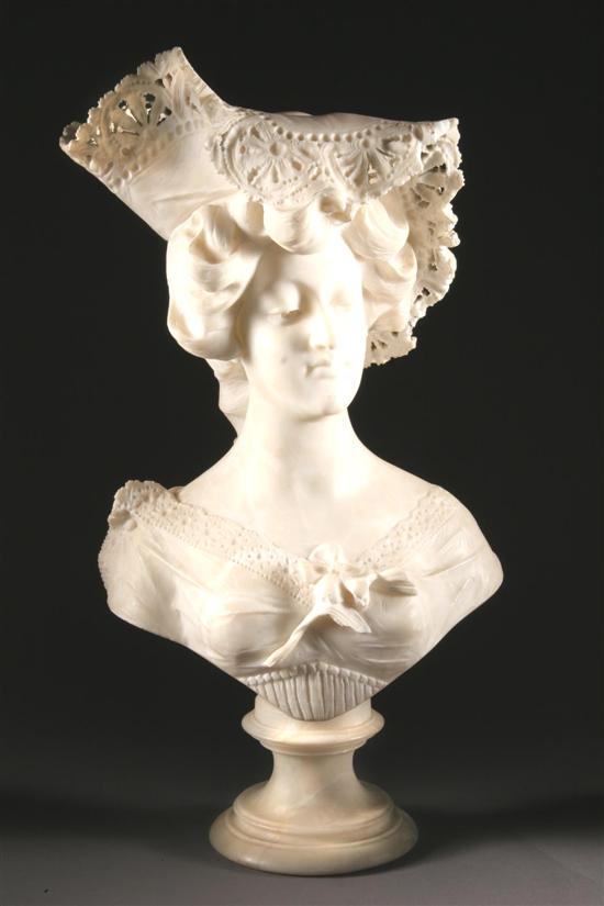 Appraisal: CONTINENTAL MARBLE BUST OF YOUNG WOMAN circa Wearing elaborate headdress