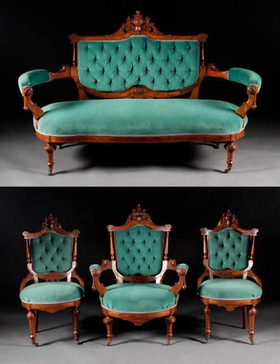 Appraisal: American Neo Grec carved and incised walnut upholstered four-piece parlor