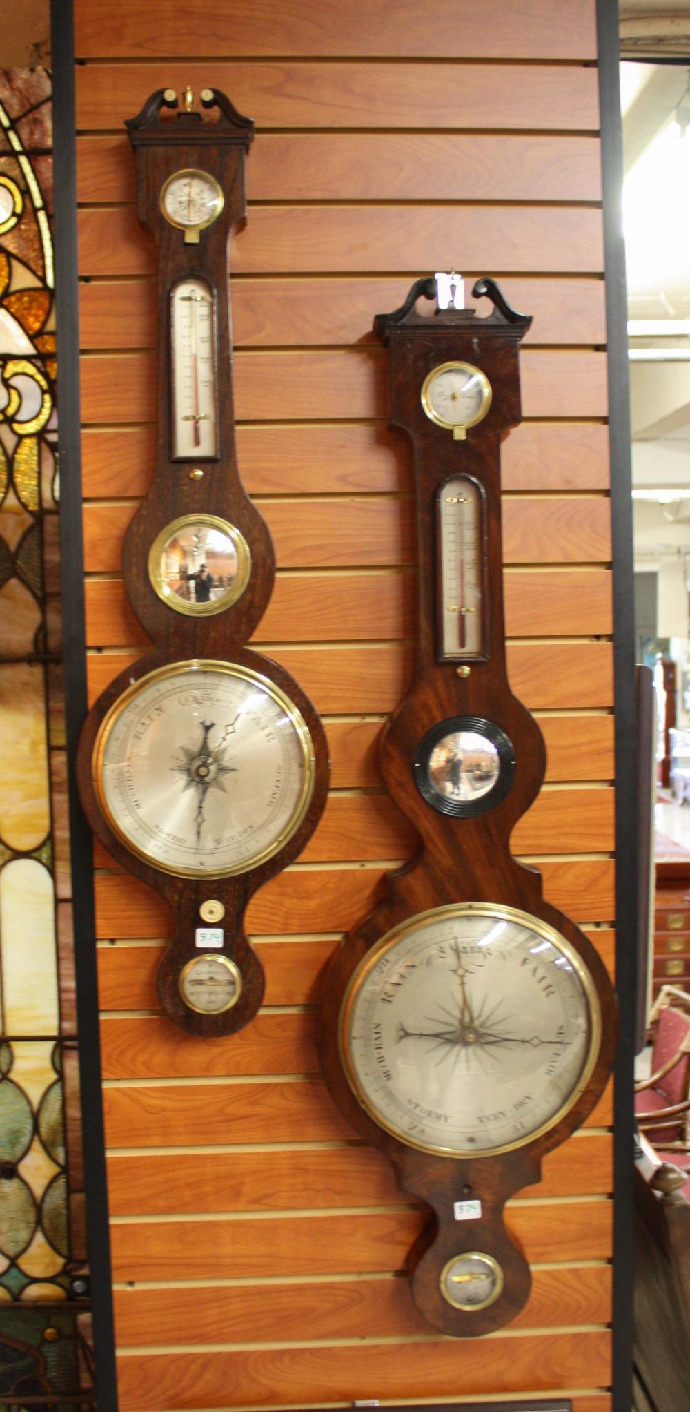 Appraisal: TWO ENGLISH GEORIGE III BANJO-CASE CISTERN WALL BAROMETER THERMOMETERS mahogany