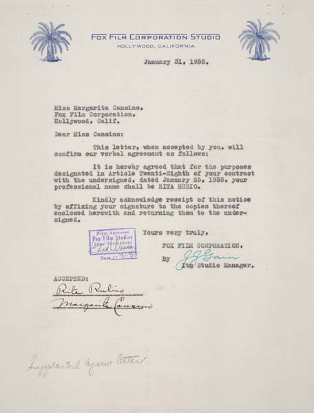 Appraisal: RITA HAYWORTH Typed letter signed by Hayworth agreeing to change