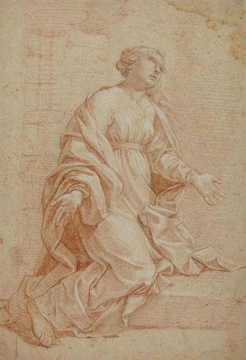 Appraisal: FRENCH SCHOOL TH CENTURY Woman kneeling in prayer Red chalk