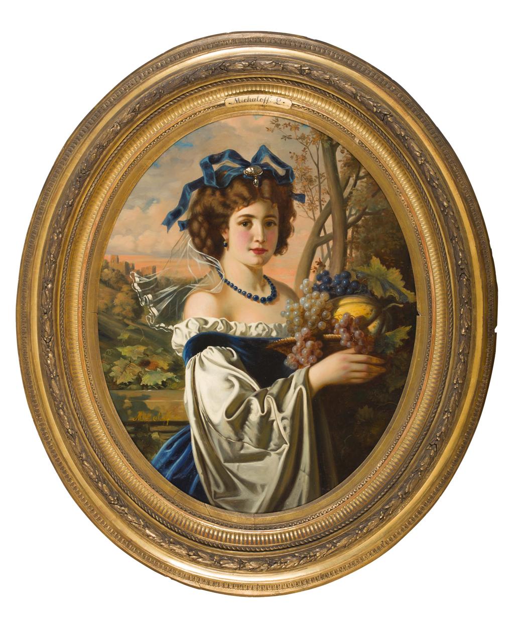 Appraisal: L MICHALOFF LADY WITH FRUIT signed oval oil on canvas