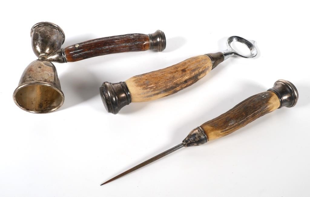 Appraisal: Three piece antler handle bar set including double jigger ice