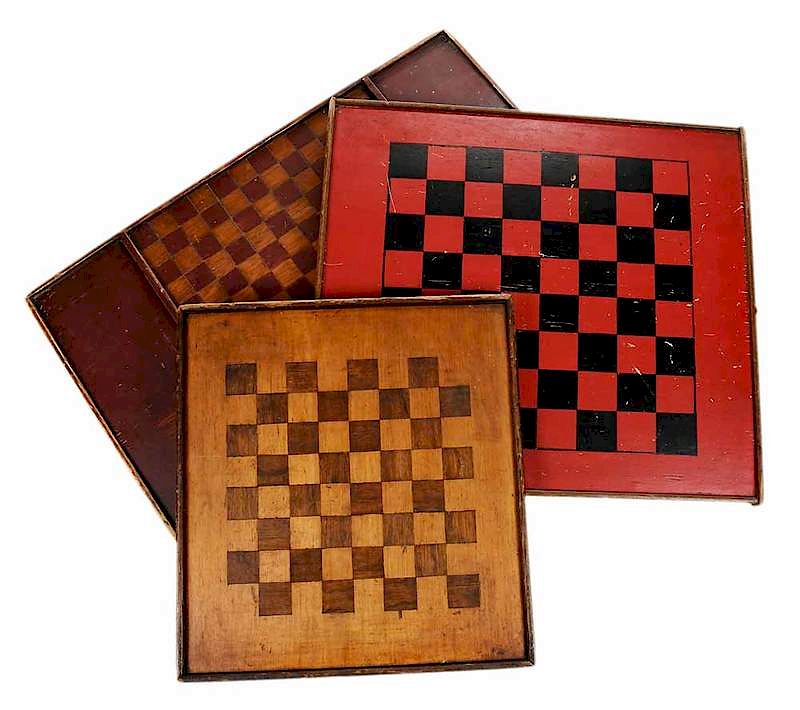 Appraisal: Three American Hand Painted Game Boards th century dark red