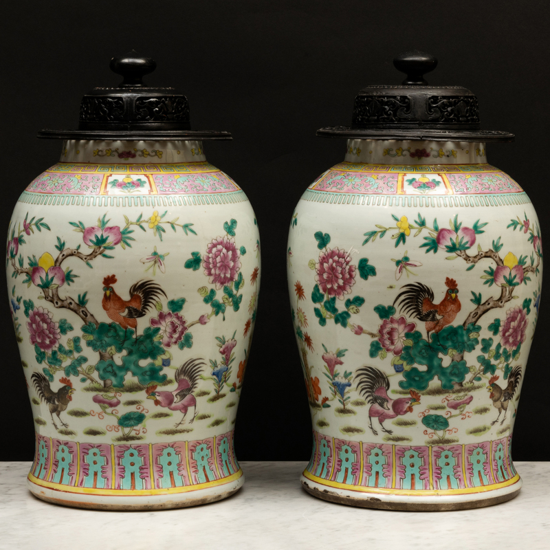 Appraisal: Pair of Chinese Famille Rose Porcelain Jars and Two Carved