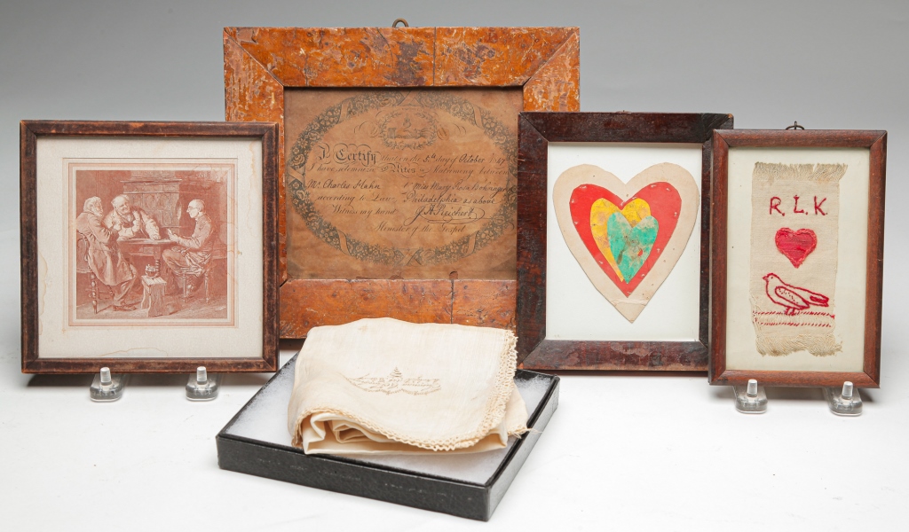 Appraisal: FIVE ITEMS INCLUDING HANDKERCHIEF Nineteenth- th century Four framed items