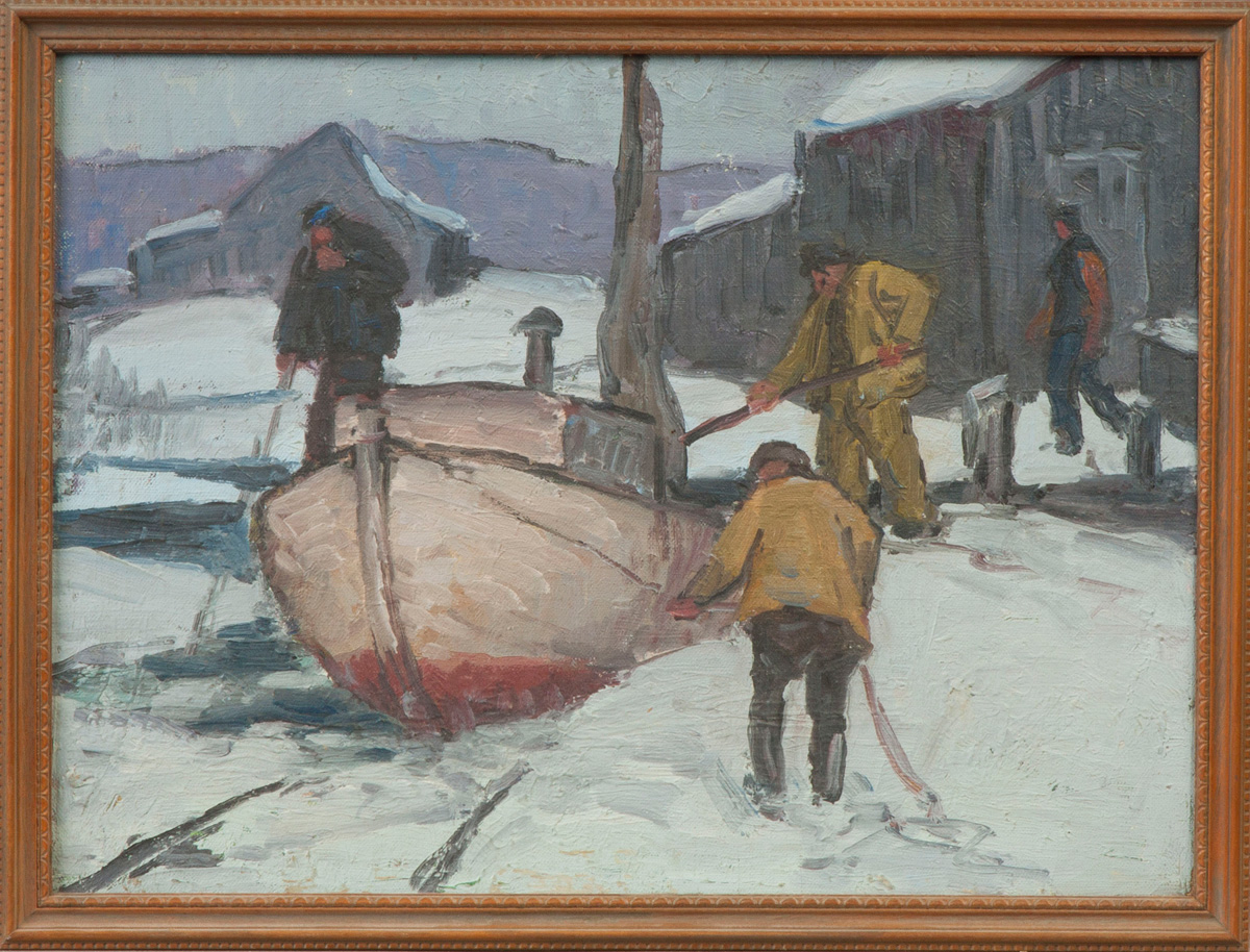 Appraisal: George Renouard American - Winter scene at docks Oil canvas