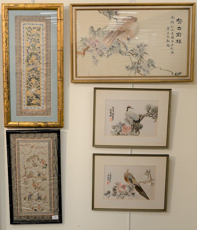 Appraisal: Group of five framed Chinese silk embroidery panels with embroidered