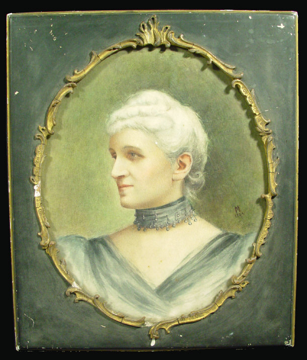 Appraisal: M R - Watercolour portrait of a woman in a