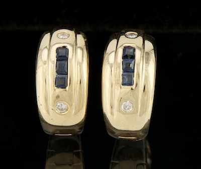 Appraisal: A Pair of Sapphire Diamond and Gold Huggie Earrings k