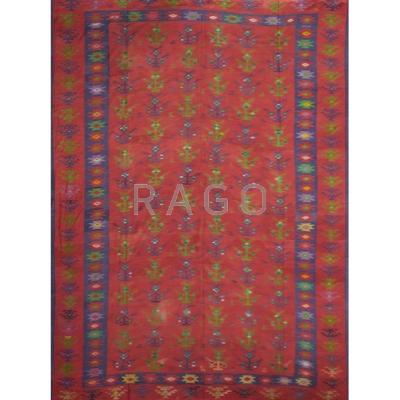 Appraisal: TURKISH Room-size flatweave Sarkoi Kilim rug geometric pattern in jewel