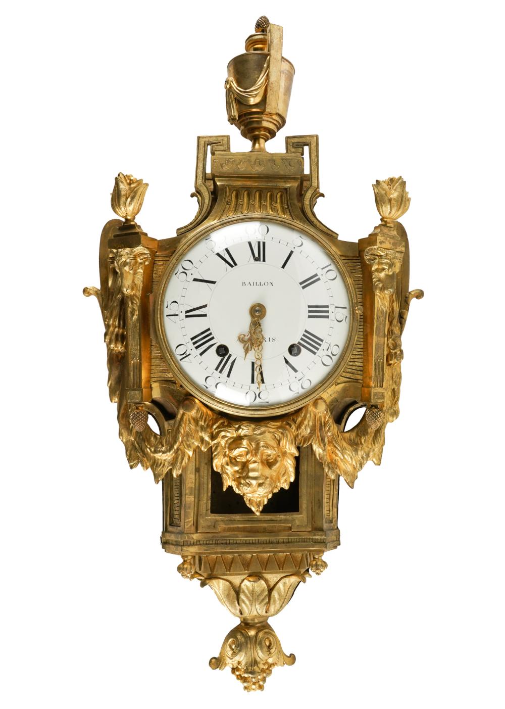 Appraisal: LOUIS XVI-STYLE GILT BRONZE CARTEL CLOCKthe enameled dial signed 'Baillon