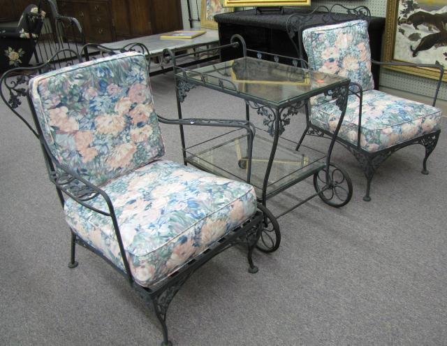 Appraisal: Pair of Woodard Wrought Iron Chairs and matching Tea Cart