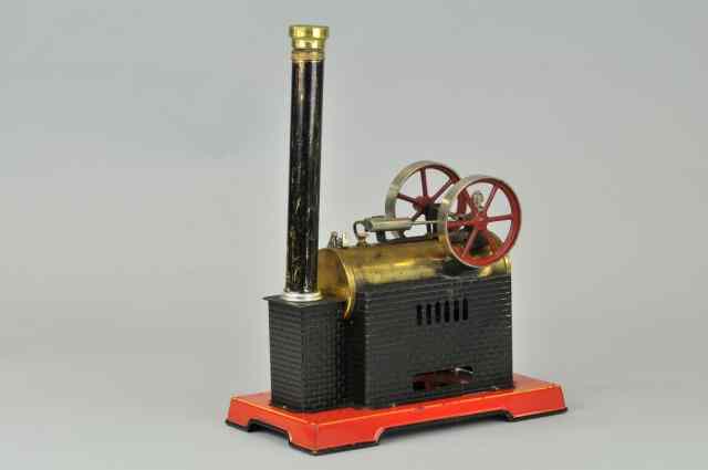 Appraisal: DOLL HORIZONTAL OVERTYPE STEAM ENGINE Brass boiler embossed brickwork fire