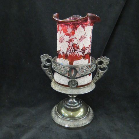 Appraisal: Victorian Silverplate Cranberry Glass Vase white coralene style decoration overall