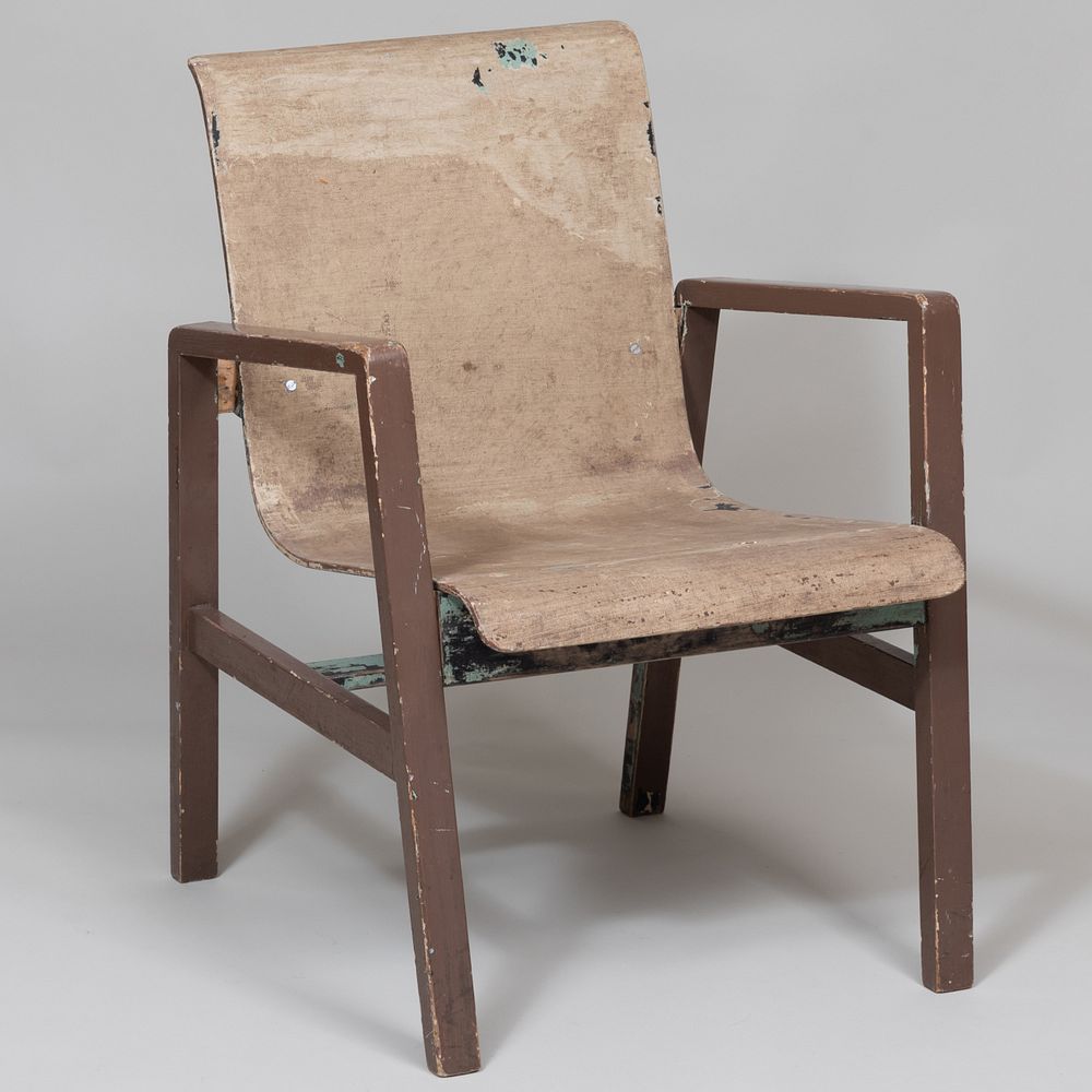 Appraisal: Early Alvar Aalto Painted Birch and Linen Armchair x x