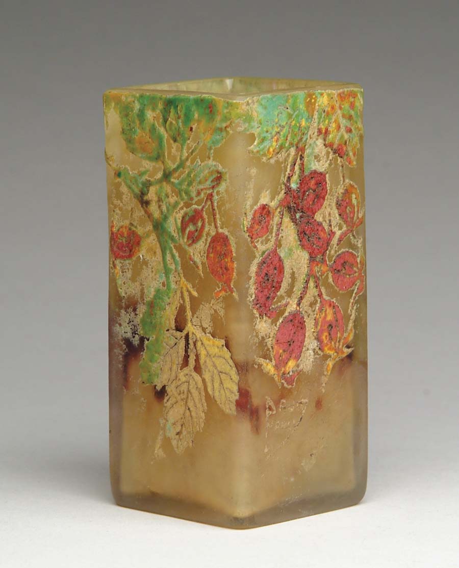 Appraisal: DAUM CAMEO AND ENAMELED VASE Wonderful four sided vase has