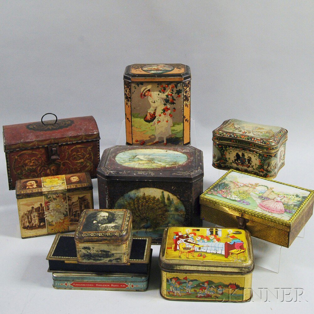 Appraisal: Ten Mostly Advertising Tins a tole lift-top box decorated with