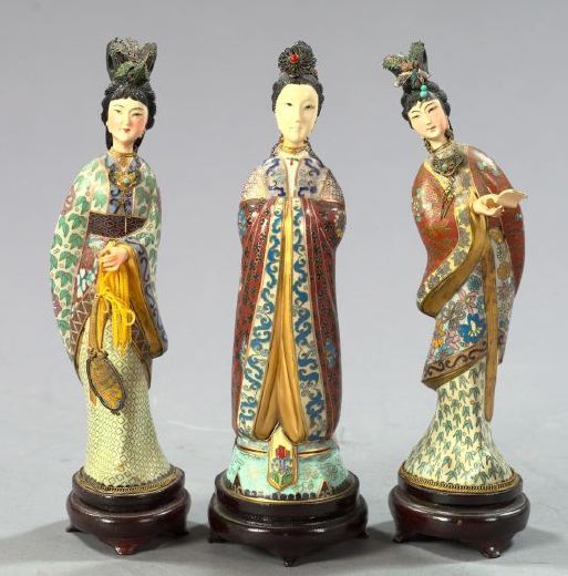 Appraisal: Unusual Trio of Carved and Polychromed Ivory and Cloisonne Figures