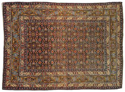 Appraisal: Malayer rug repeating rectilinear and floral designs on dark blue