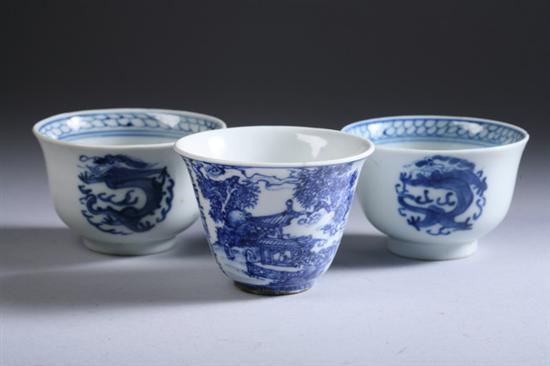 Appraisal: THREE CHINESE BLUE AND WHITE PORCELAIN CUPS Qing Dynasty Pair