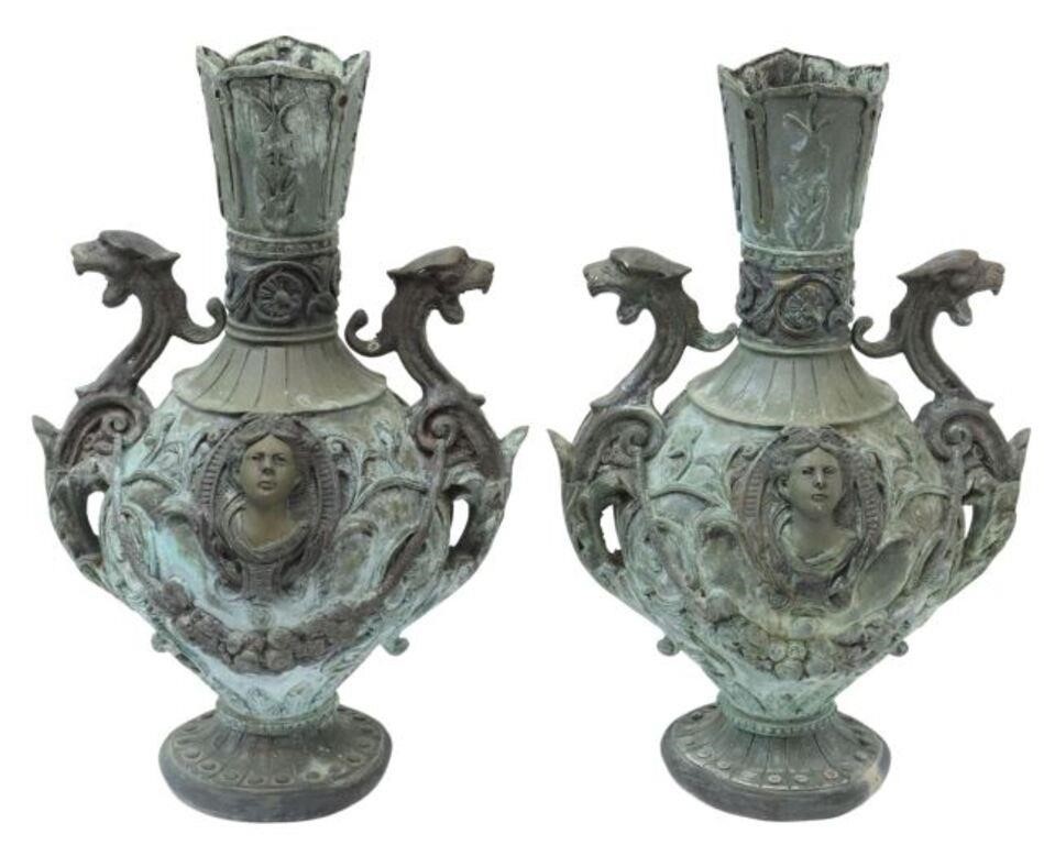 Appraisal: pair Bronze urns vases in a verdigris patina having shaped