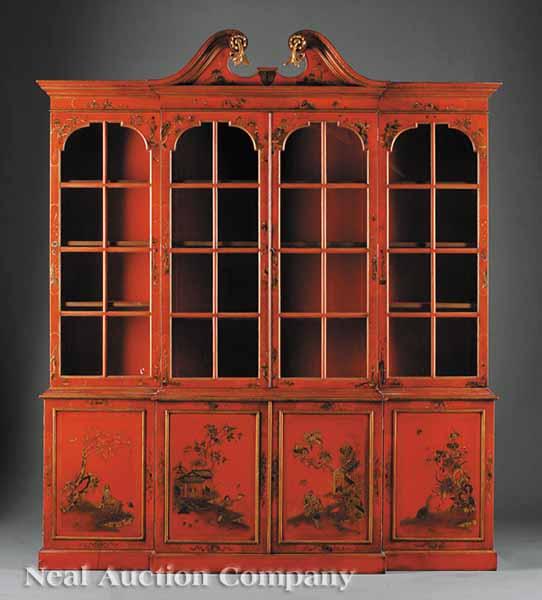 Appraisal: A George III-Style Chinoiserie Breakfront Bookcase broken arch scrolled pediment