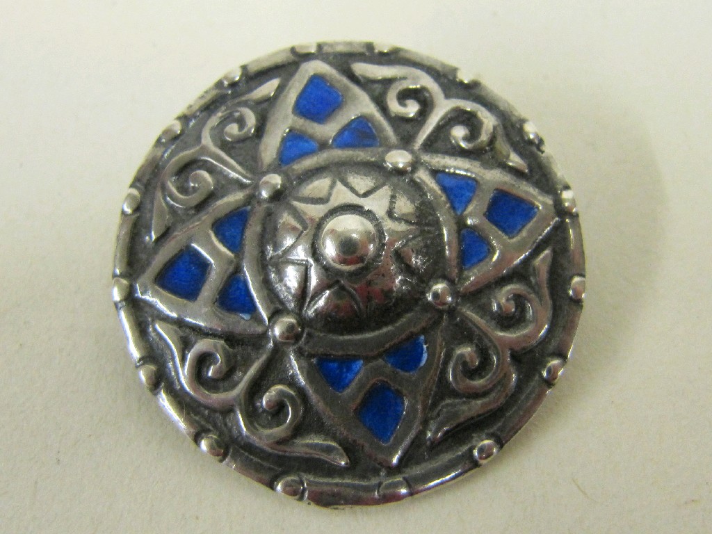 Appraisal: Celtic silver and blue enamel shield brooch stamped AR Iona