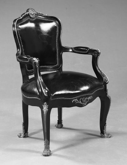 Appraisal: Fine Louis XV-Style Ebonized and Gilt-Bronze-Mounted Fauteuil late th century