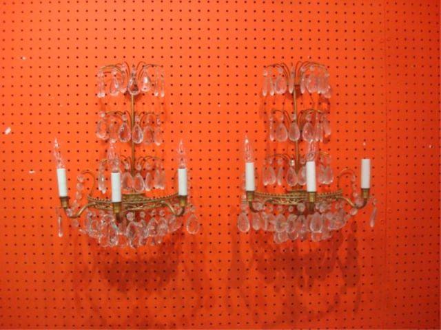 Appraisal: Pair of Gilt Metal Crystal Tiered Sconces Dimensions x