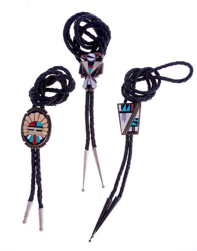 Appraisal: ZUNI BOLOS Three Vintage Zuni bolo ties turquoise and silver