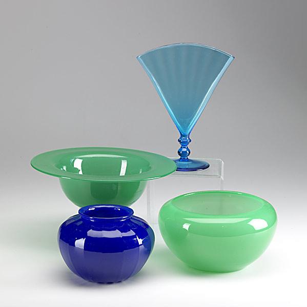 Appraisal: STEUBENFour glass pieces include two jade bowls light blue fan-shape